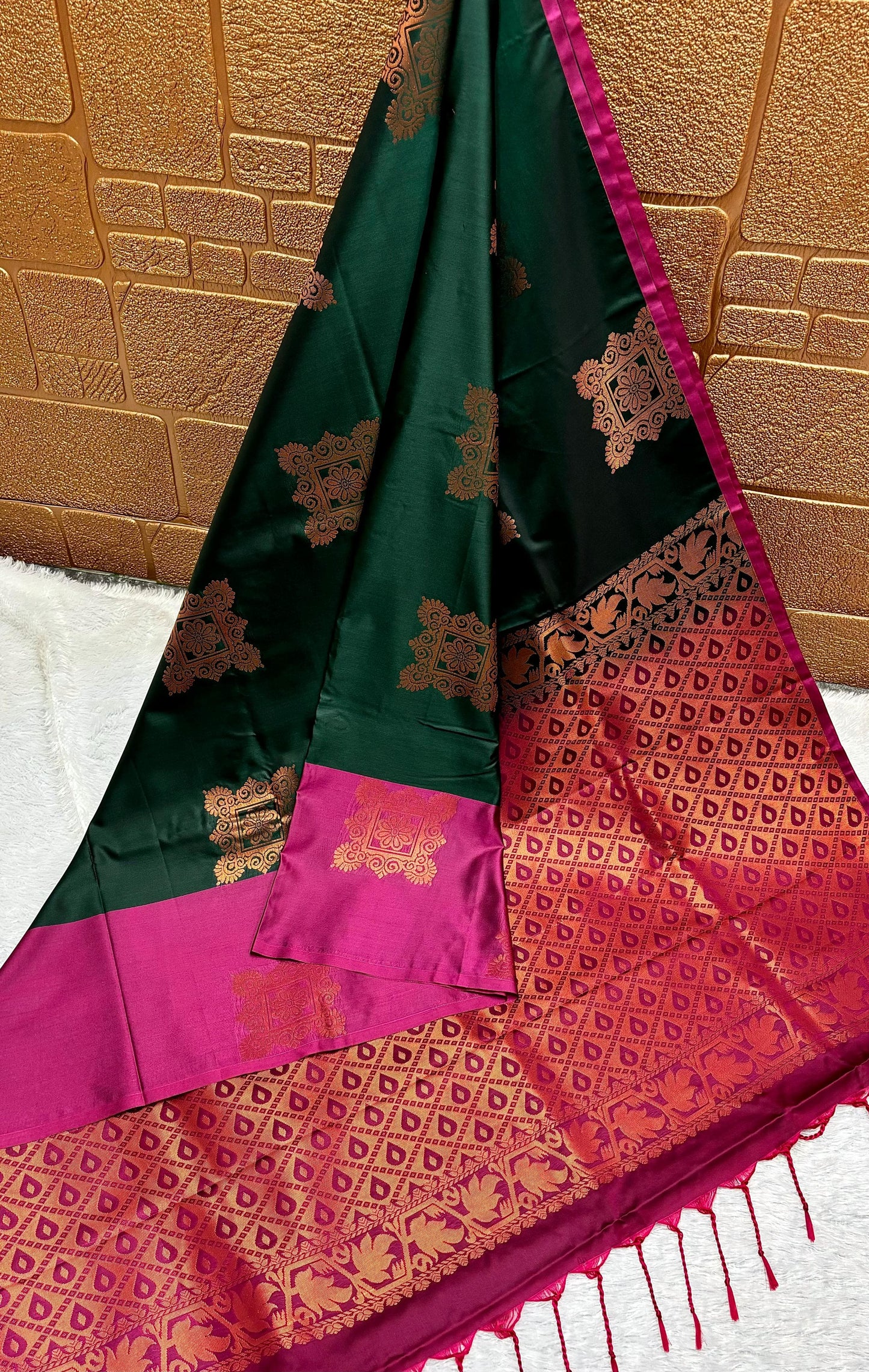 Forest green and Magenta tiny border soft silk saree