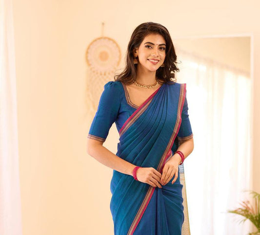 Small border - Blue Narayanpeth Mercerised Cotton Saree