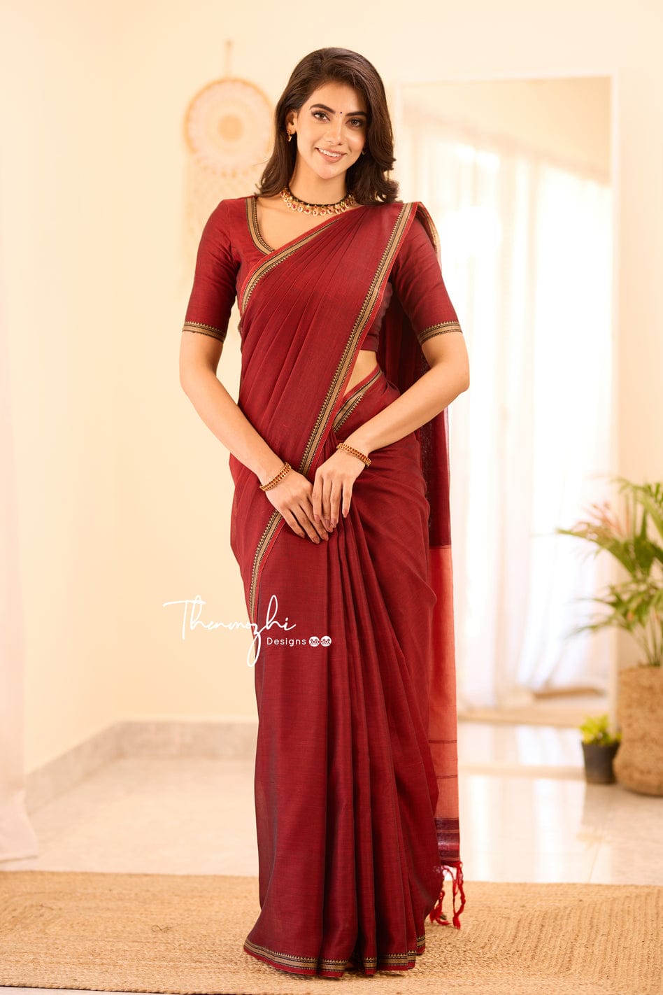 Small border - Red Narayanpeth Mercerised Cotton Saree