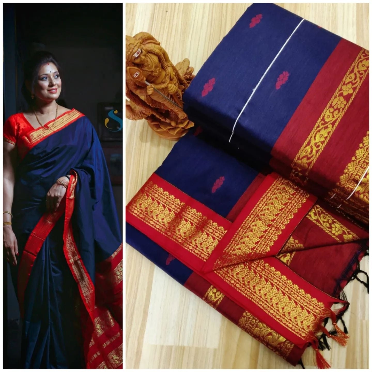 Blue and Red kalyani cotton saree