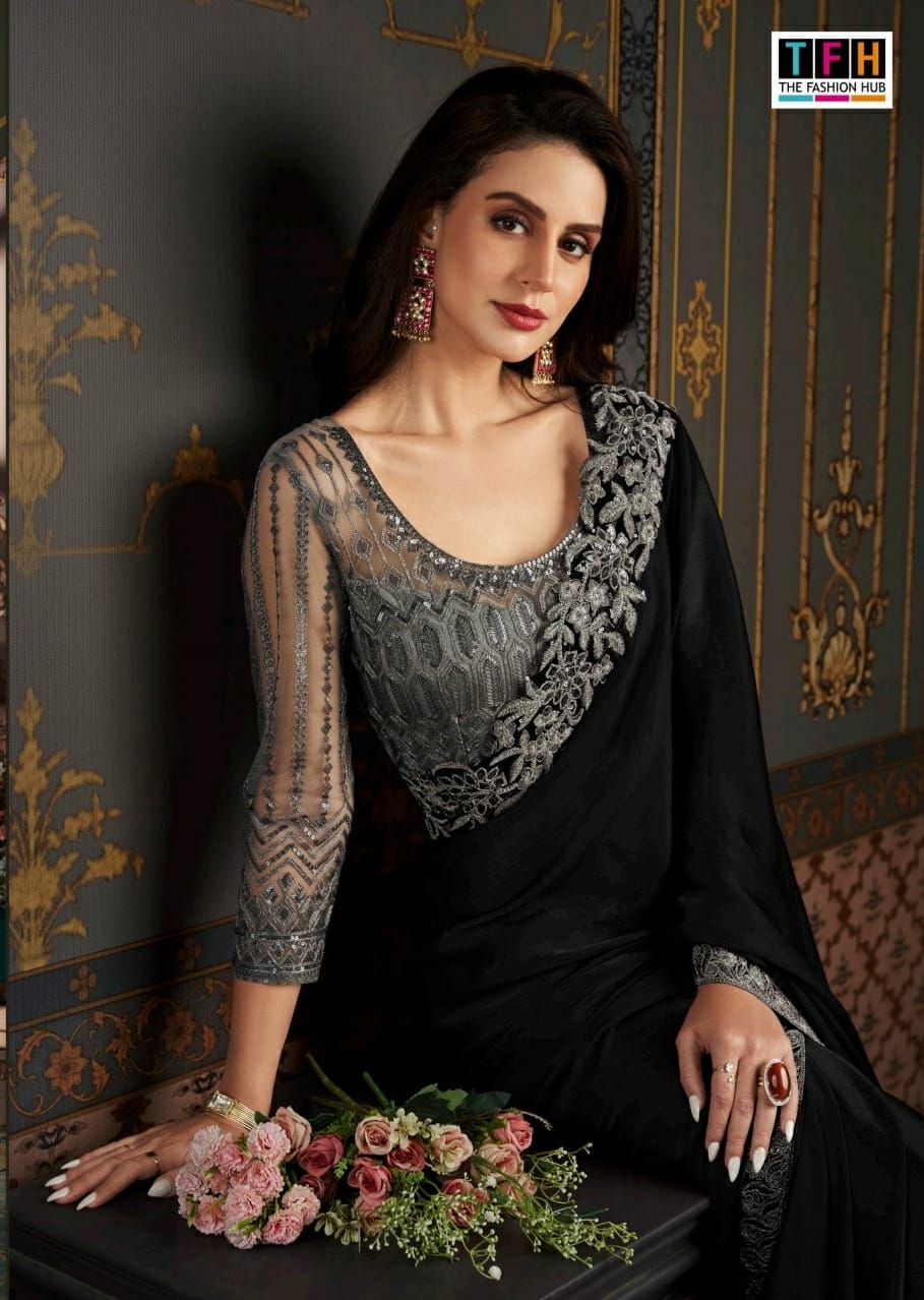 black and silver luxury party wear saree in Satin Silk Chiffon