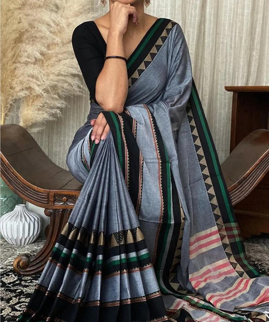 metallic gray Pure Narayanpeth Mercerised Cotton Sarees