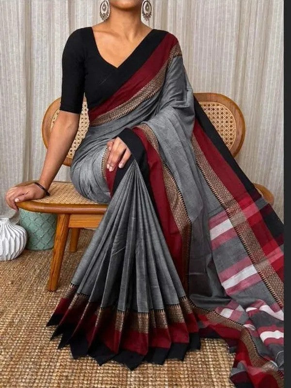 Handloom Narayanpeth Mercerised Cotton Sarees in Gray