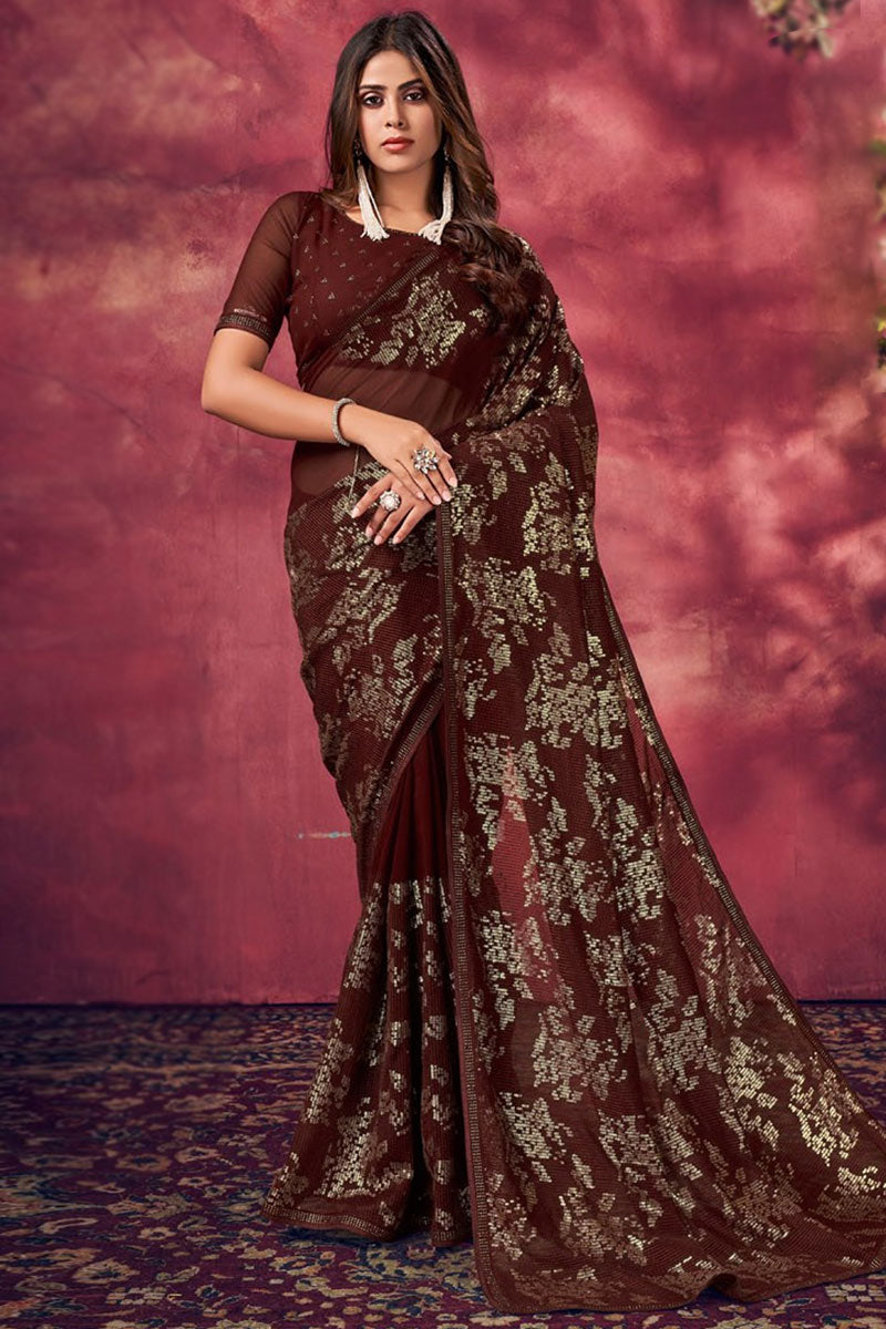 Georgette Sequins Embroidered saree in Dark Maroon