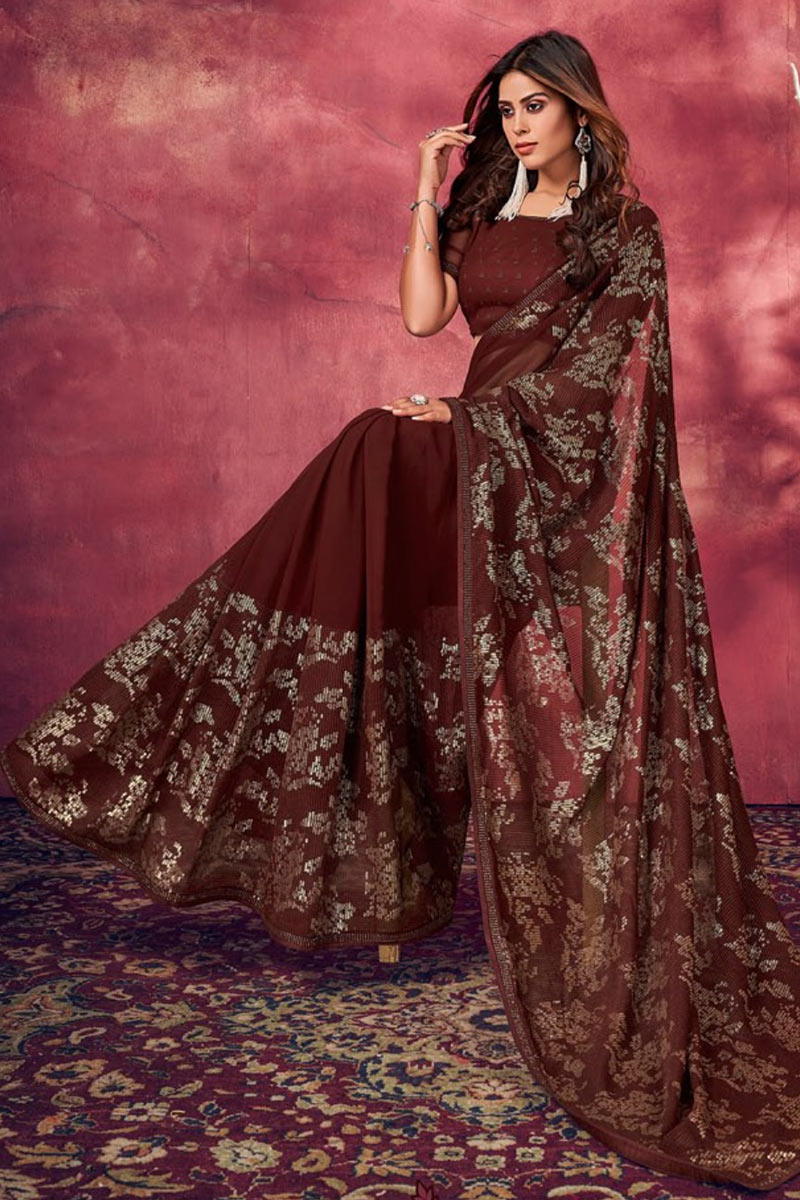 Georgette Sequins Embroidered saree in Dark Maroon