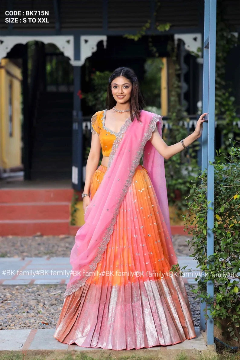 Pink and Honey Yellow lehenga half sare set - only S size available