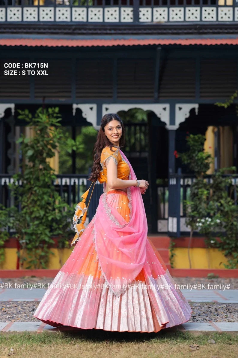 Pink and Honey Yellow lehenga half sare set - only S size available