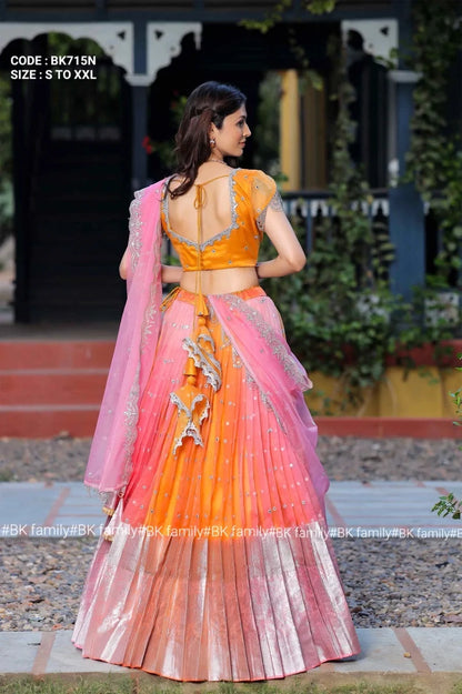 Pink and Honey Yellow lehenga half sare set - only S size available