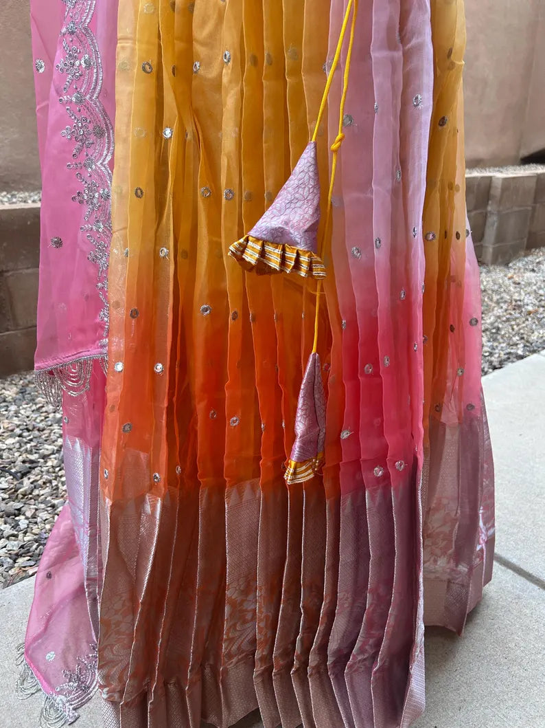 Pink and Honey Yellow lehenga half sare set - only S size available