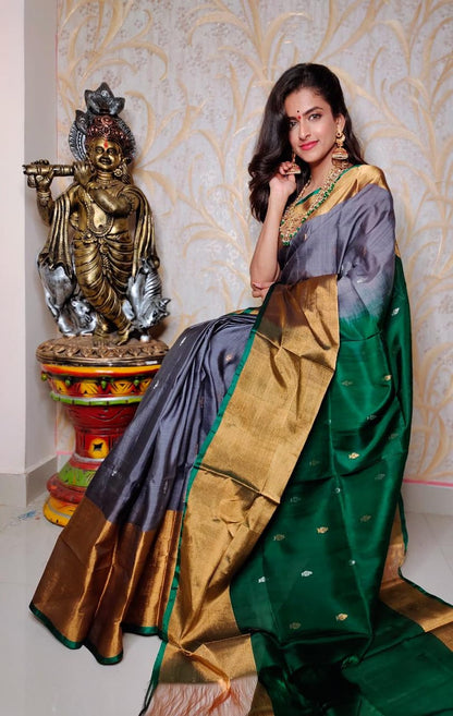 metallic grey and bottle green uppada saree