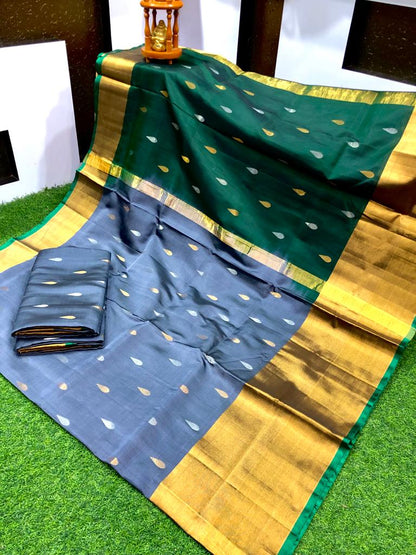 metallic grey and bottle green uppada saree