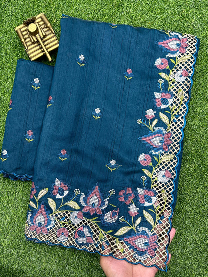 Navy blue visca slub silk saree