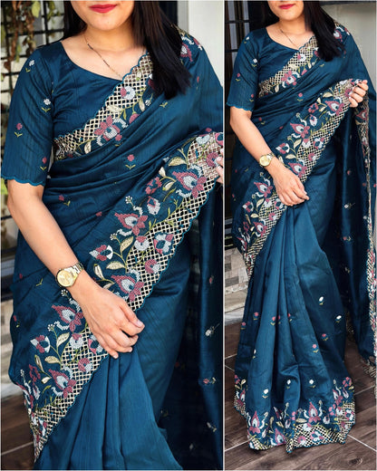 Navy blue visca slub silk saree