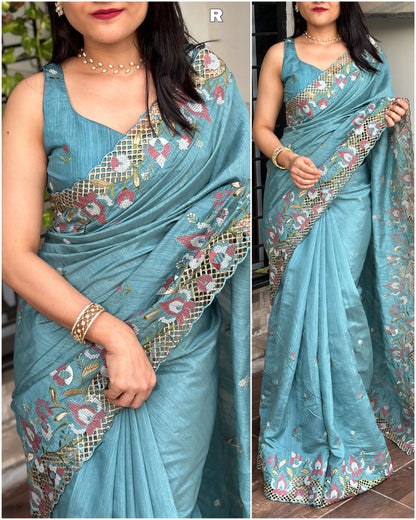 Pastal blue visca slub silk saree