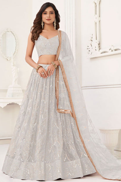 Opulent White Embroidered Net Lehenga Choli