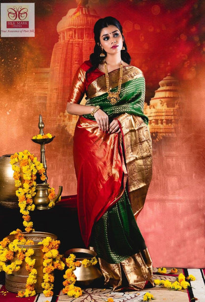 Green and Red pure silk kanchivaram big border saree - wedding silk - soft silk saree - Kanchipuram silk saree - silk mark certified