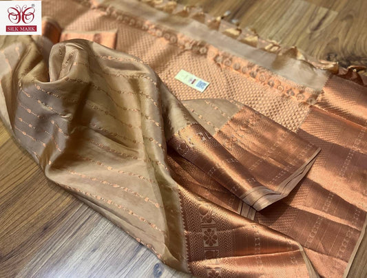 Pastel shades,  copper border pure kanchivarm silk saree, wedding silk, soft silk saree, silk mark certified, bridal wedding silk - soft silk saree - Kanchipuram silk saree - silk mark certified