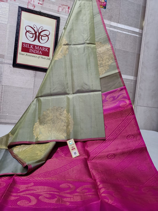 Pink and gray Kanchivaram soft silk saree - tiny border - silk mark certified