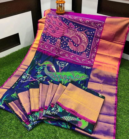 Pure uppada soft silk pattu saree, kalamkari pattern, big zari border, saree for women, indian sarees