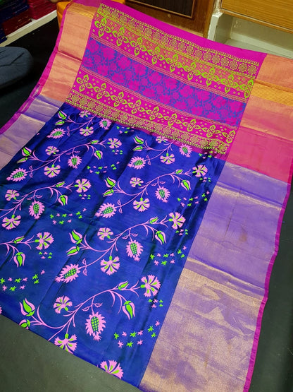 Pure soft silk uppada pattu saree, floral desgin, pink and blue with big zari border, saree for women, indian saree