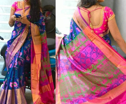 Pure soft silk uppada pattu saree, floral desgin, pink and blue with big zari border, saree for women, indian saree