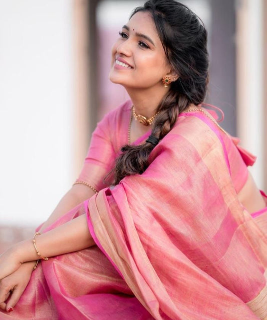 Pink Linen handloom saree - Linen Pure Tissue saree - Saree UK