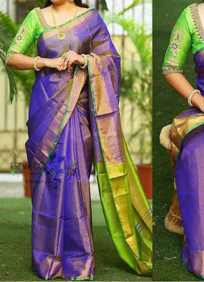 Uppada saree Tissue silk uppada saree - Purple / Indigo with apple green