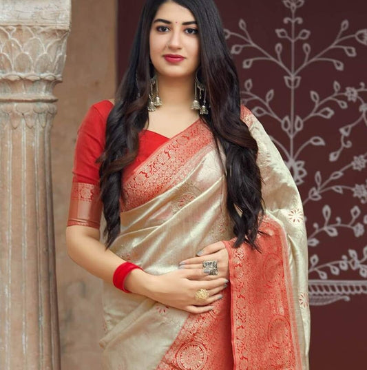 Red And Cream Banarasi Art Silk Saree  - Women saree in UK -Manjubaa Silk