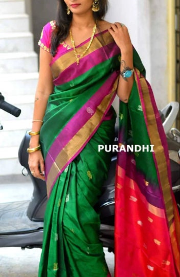 Green and purple Uppada soft silk pattu full butta saree - light weight saree, saree for women