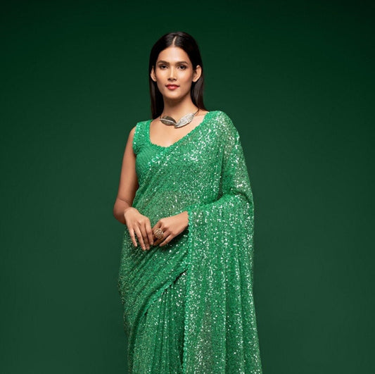 Pasta Green saree - sequins saree in georgette - party wear saree - wedding saree, saree for women, saree for Christmas