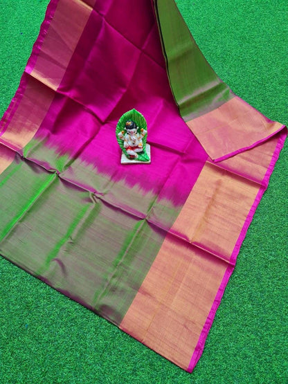 Two tone green with pink Uppada Silk Pattu Saree, Wedding Saree, Pure Uppada Pattu Saree, handwoven silk saree for woman