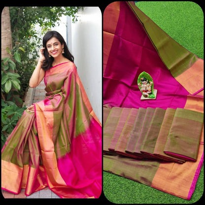 Two tone green with pink Uppada Silk Pattu Saree, Wedding Saree, Pure Uppada Pattu Saree, handwoven silk saree for woman