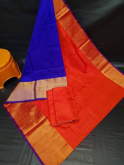 Red and blue Uppada Silk Pattu Saree, khadi big border Pure Uppada Pattu Saree, handwoven silk saree, two tone saree for woman