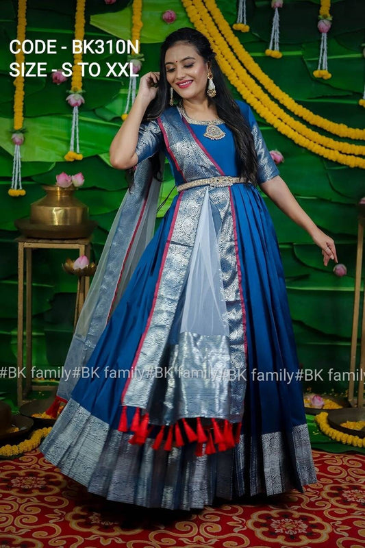 Peacock blue Pattu dress- indian traditional dress - party wear gown - floor length gown