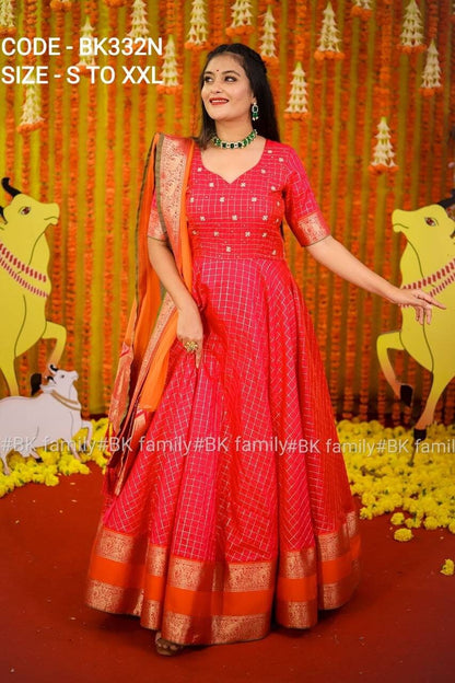 Rani PINK Colored Gown Pattu dress - red floral dress - lehenga dress - lehenga dress