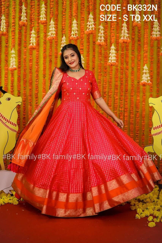 Rani PINK Colored Gown Pattu dress - red floral dress - lehenga dress - lehenga dress