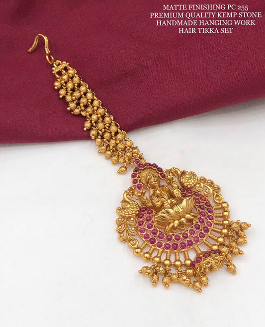 Matte finishing premium quality kemp stone handmade hanging work hair tikka set Tikka, gold Mangtikka, indian Jewllery for Wedding